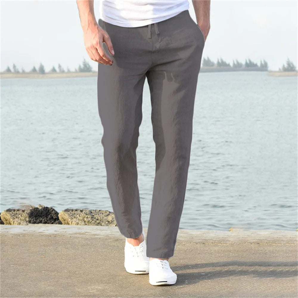 Men's Cotton Linen Straight Pants - Breathable Summer Trousers with Elastic Waist - 3KDyn